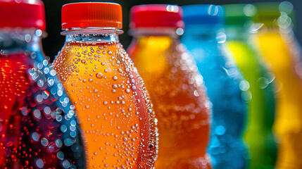 Vibrant Row of Cold Soft Drink Bottles with Condensation and Bubbles, Refreshing Beverage Assortment