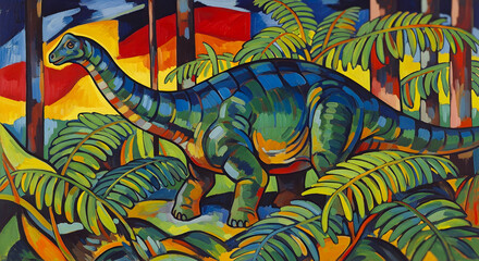 Dynamic Cubist-Inspired Illustration Depicting a Gigantic Long-Necked Dinosaur in a Technicolor Jungle, Showcasing Bold Lines and Striking Colors