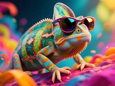 Vibrant chameleon with purple and orange sunglasses on a colorful surface with swirling neon fantasy background