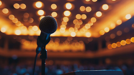 Professional Microphone on Stage with Warm Bokeh Lights at a Live Event or Conference