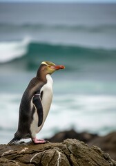 Naklejka premium Rare yellow-eyed penguin standing proudly on rock near ocean waves
