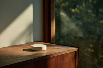 modern wireless charger elegantly placed on wooden bedside table basking in ultrabright morning light