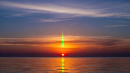 A sunset over the ocean with a rare green flash phenomenon visible above the sun.