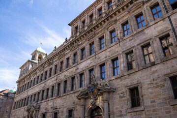 Fototapeta premium Nuremberg Rathaus from Burgstraße in the historic center of Nuremberg, Bavaria, Germany, featuring charming medieval architecture and a picturesque old town 