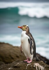 Fototapeta premium Majestic yellow eyed penguin standing proudly on rocky coastline today