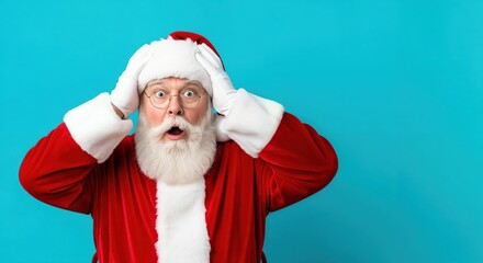 Shocked Santa Claus with hands on head expressing surprise and worry against a vibrant blue background, a funny Christmas holiday concept.