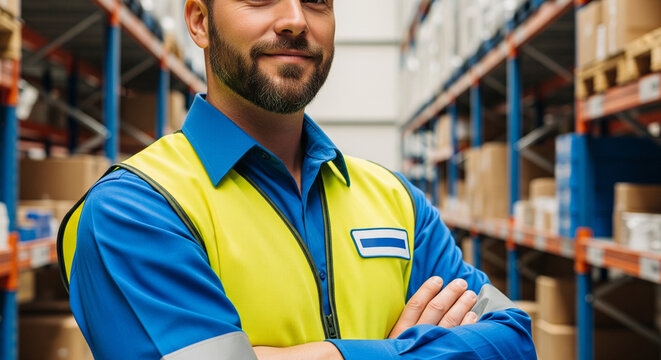 Retrato de un trabajador de almac&eacute;n confiado de pie en un centro log&iacute;stico moderno, vistiendo un chaleco de seguridad de alta visibilidad y un casco.