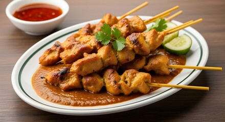 Fototapeta premium there are lots of chicken satay on one plate