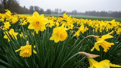 Obraz premium A cheerful field of yellow daffodils on a misty spring morning.