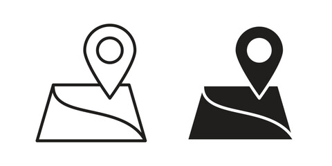 Map icon with thin line and flat web symbol on white background