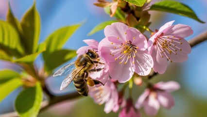 A close-up macro shot of a honey bee collecting pollen from a pink flower.