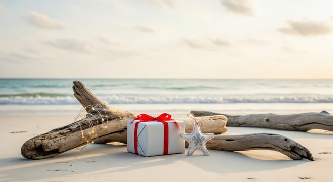 Beach Scene with Gift Box and Starfish on Sandy Shoreline in Natural Light - Powered by Adobe