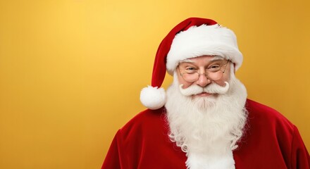 Naklejka premium Cheerful Santa Claus with White Beard Smiling on Yellow Background for Holiday Decorations and Gifts