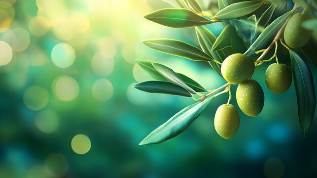 Fresh olive branch with green olives glistening in the sunlight - Powered by Adobe