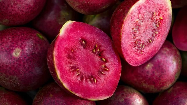 Vibrant red guavas background with halved fruits revealing the juicy pulp and seeds, perfect for