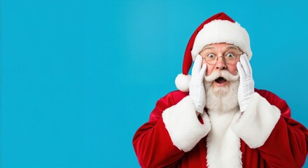 Surprised Santa Claus with wide eyes and open mouth, hands on his face, expressing shock or amazement against a vibrant blue studio background, perfect for holiday themes.