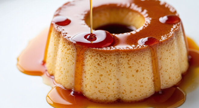Caramel flan dessert with glossy syrup drip - Powered by Adobe