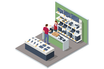 Isometric illustration of an electronics store checkout area where a customer buys a laptop, surrounded by shelves with computers, printers, speakers and accessories.