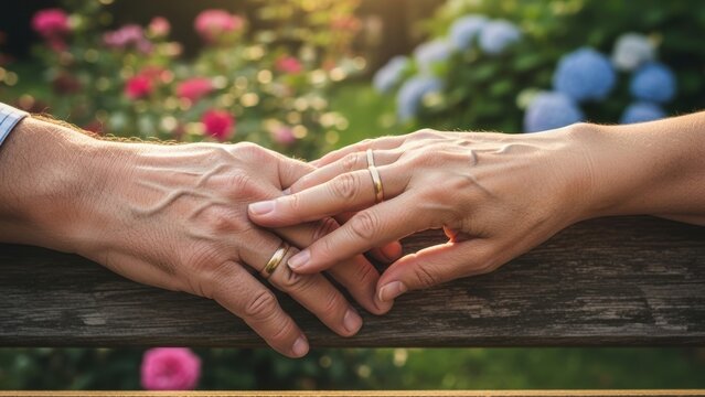 A mature couple holding hands on a bench with a garden in the background. - Powered by Adobe