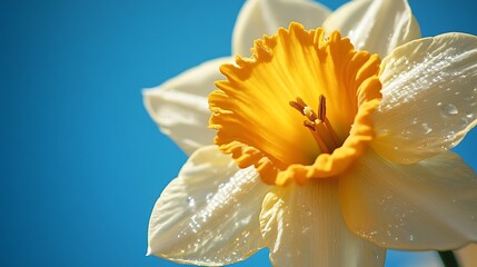 Close up of a white and yellow daffodil flower against a bright blue sky in the spring sunshine