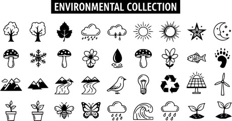 Environmental and Nature Collection of Black Outline Vector Icons, Featuring Trees, Weather, Animals, Energy, and Ecology Symbols on White Background