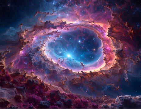 Colorful nebula, stars, and bright center create an amazing cosmic scene