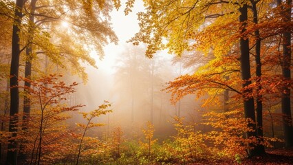 A misty autumn forest with golden sunlight filtering through the trees.