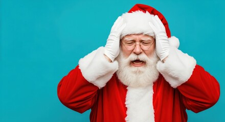 Stressed Santa Claus Wearing Red Costume with White Gloves Against Blue Background