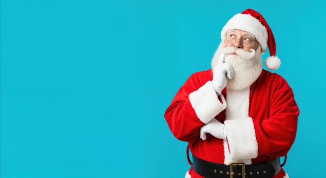 Pensive Santa Claus in his traditional red suit and white beard, looking up and thinking deeply with a finger on his chin, isolated on a bright blue studio background.
