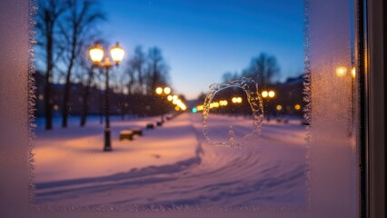 Fototapeta premium View of a snowy park at dusk through a frosty window.