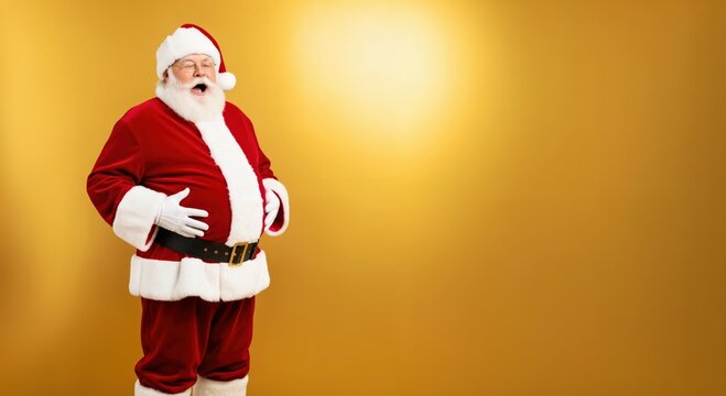 Jolly Santa Claus laughing heartily with his hand on his big belly. Full length portrait of a senior man in a Christmas costume on a golden background.