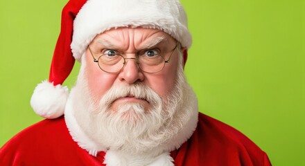Naklejka premium Angry Older Man in Santa Costume with Beard and Glasses Against Bright Green Background
