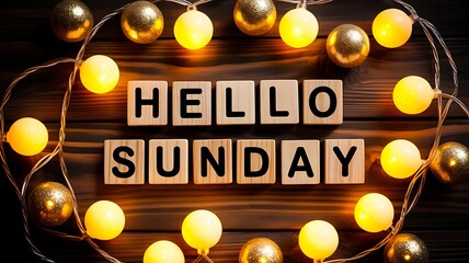 Hello sunday message with glowing lights, a warm and inviting scene with the words hello sunday surrounded by golden lights, creating a cozy atmosphere