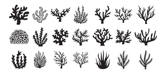 Coral silhouettes, seaweed black icon. Abstract organic corals shape, underwater plant, sea doodle. Cartoon marine floral isolated set 