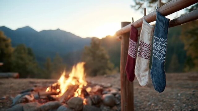 Knitted socks drying by campfire with mountains at sunset