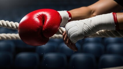 A boxer with red gloves and taped wrists resting on the ring ropes.