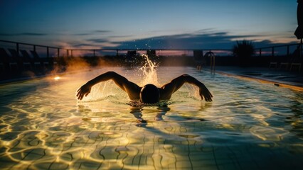 A man doing the butterfly stroke in a pool at dusk.