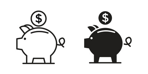 Piggy bank icon with thin line and flat web symbol on white background