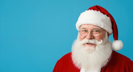 Happy smiling Santa Claus portrait with white beard and red hat against a vibrant blue background, embodying the spirit of Christmas and holiday cheer.