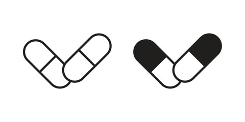 Pills icon with thin line and flat web symbol on white background