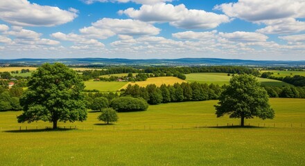 Vibrant rolling green landscape bathed in warm summer sun under a dramatic blue sky with fluffy white clouds