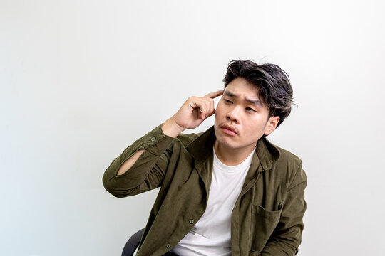 Asian man emotions facial expression gestures hands close-up white background