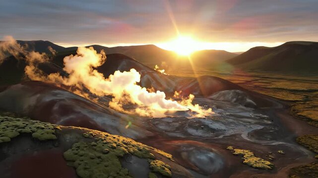 The sun sets behind the volcanic landscape, casting golden light over the steaming vents. This volcanic scene features smoke and vibrant colors, creating a mesmerizing natural spec