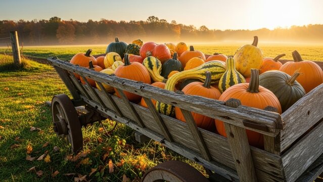 A rustic wagon full of colorful pumpkins and gourds in a field at sunrise.