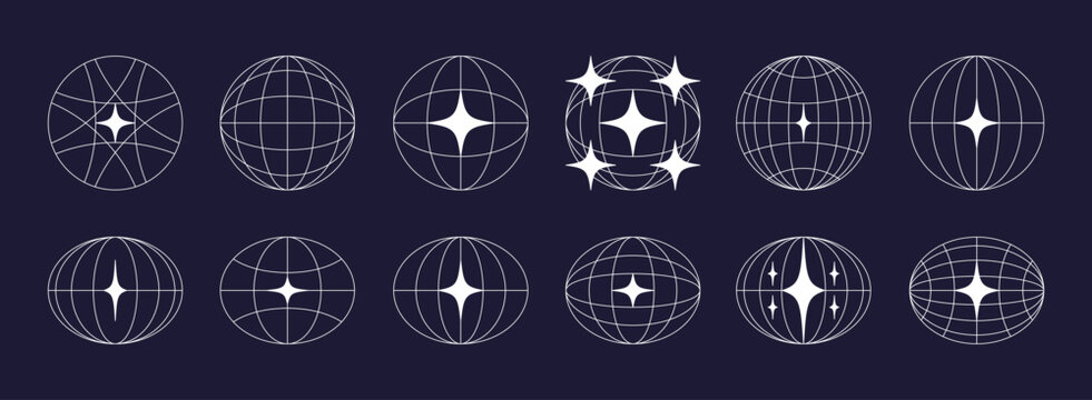 World globe retro grids in oval and round form with stars icons set. earth latitude and longitude line grid. futuristic design elements.