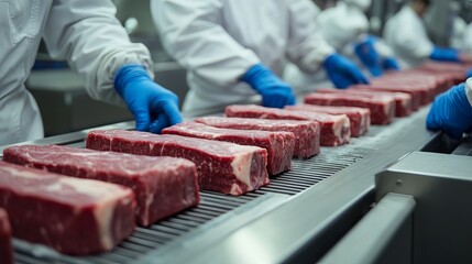 Fresh steaks on a conveyor belt in a modern food factory