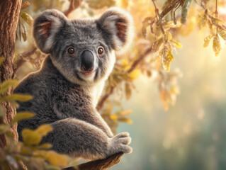 Fototapeta premium Koala resting on a tree branch in a sunny forest during the afternoon