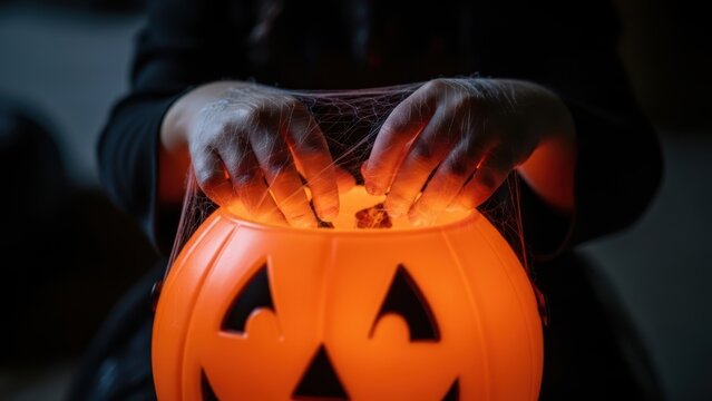 A child's hands covered in cobwebs reaching into a glowing candy bucket. - Powered by Adobe