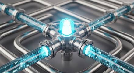 Abstract industrial background with metal pipes and glass tubes filled with glowing blue liquid