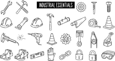 Hand-drawn Industrial Essentials Vector Set: A comprehensive collection of construction tools, safety equipment, and mechanical parts in outline doodle style.